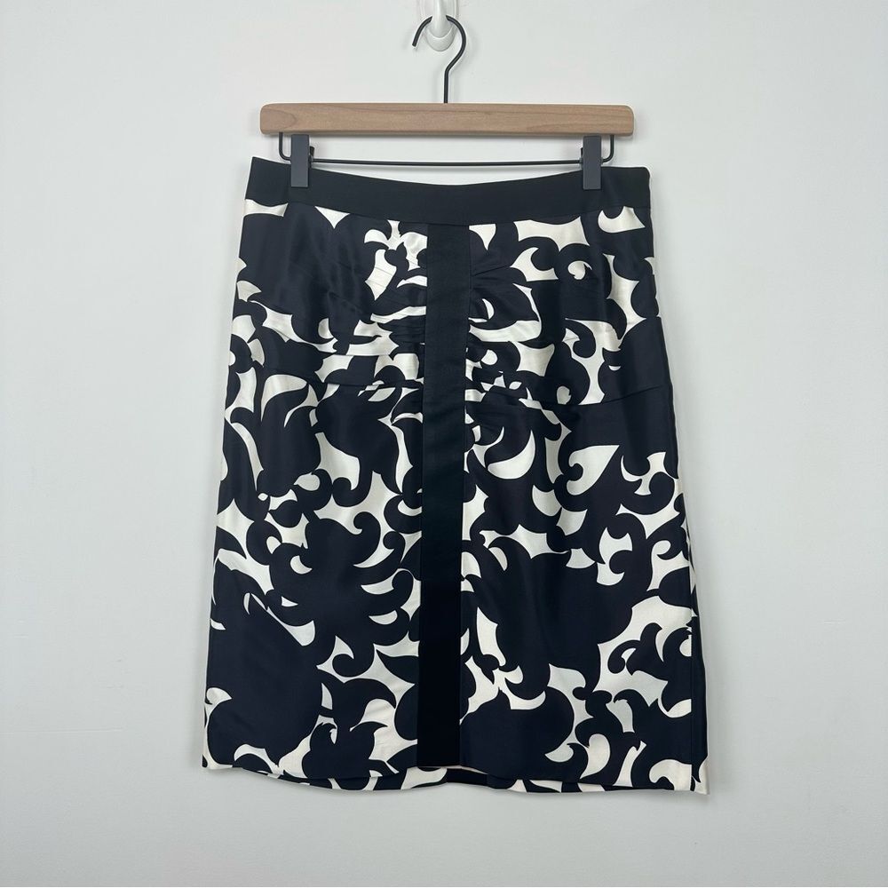 VINTAGE Milly Silk Navy Black Chinoiserie Ruched Pencil Skirt, 10